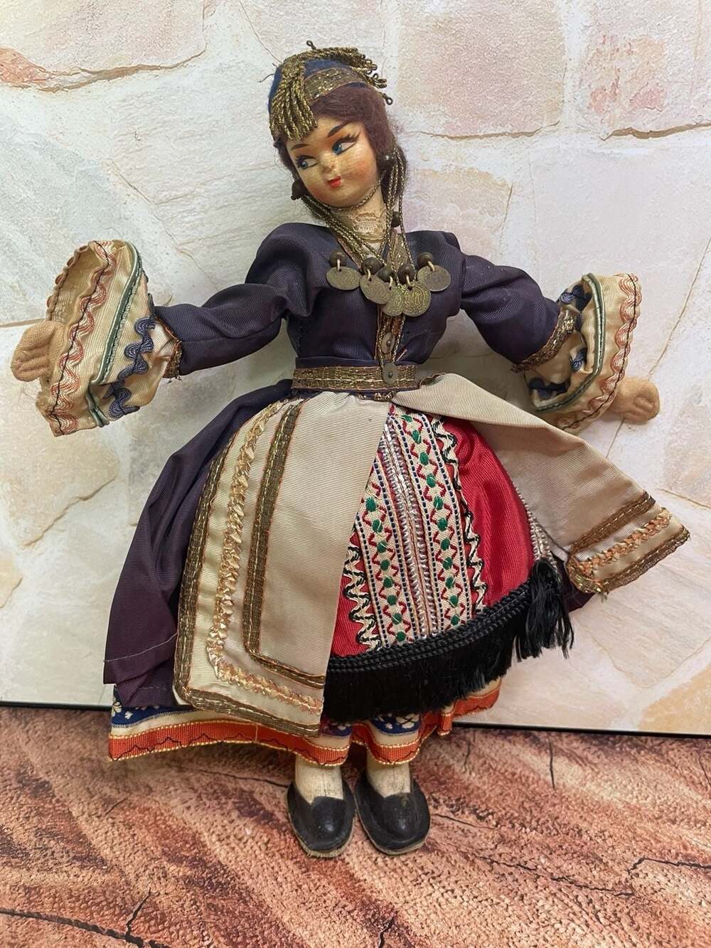 Vintage Greek Souvenir Doll in Traditional Folk Costume with Coin Necklace